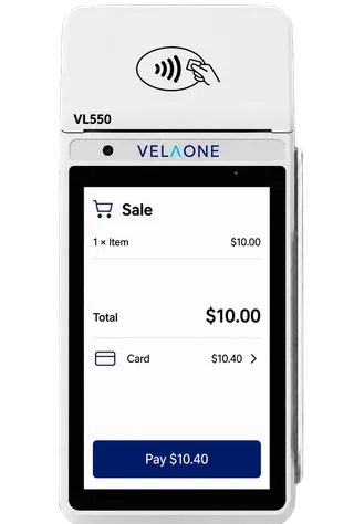 결제 중인 VELAONE VL550 단말기. 판매 합계 $10.00과 카드 결제 $10.40이 표시되어 있습니다